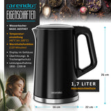 Arendo - digitaler Wasserkocher mit Temperatureinstellung - Edelstahl - Doppelwand Design Cool Touch - Display im Gehäuse - Kabellos - 2200 W - 1,7L – Überhitzungsschutz – Warmhaltefunktion – schwarz